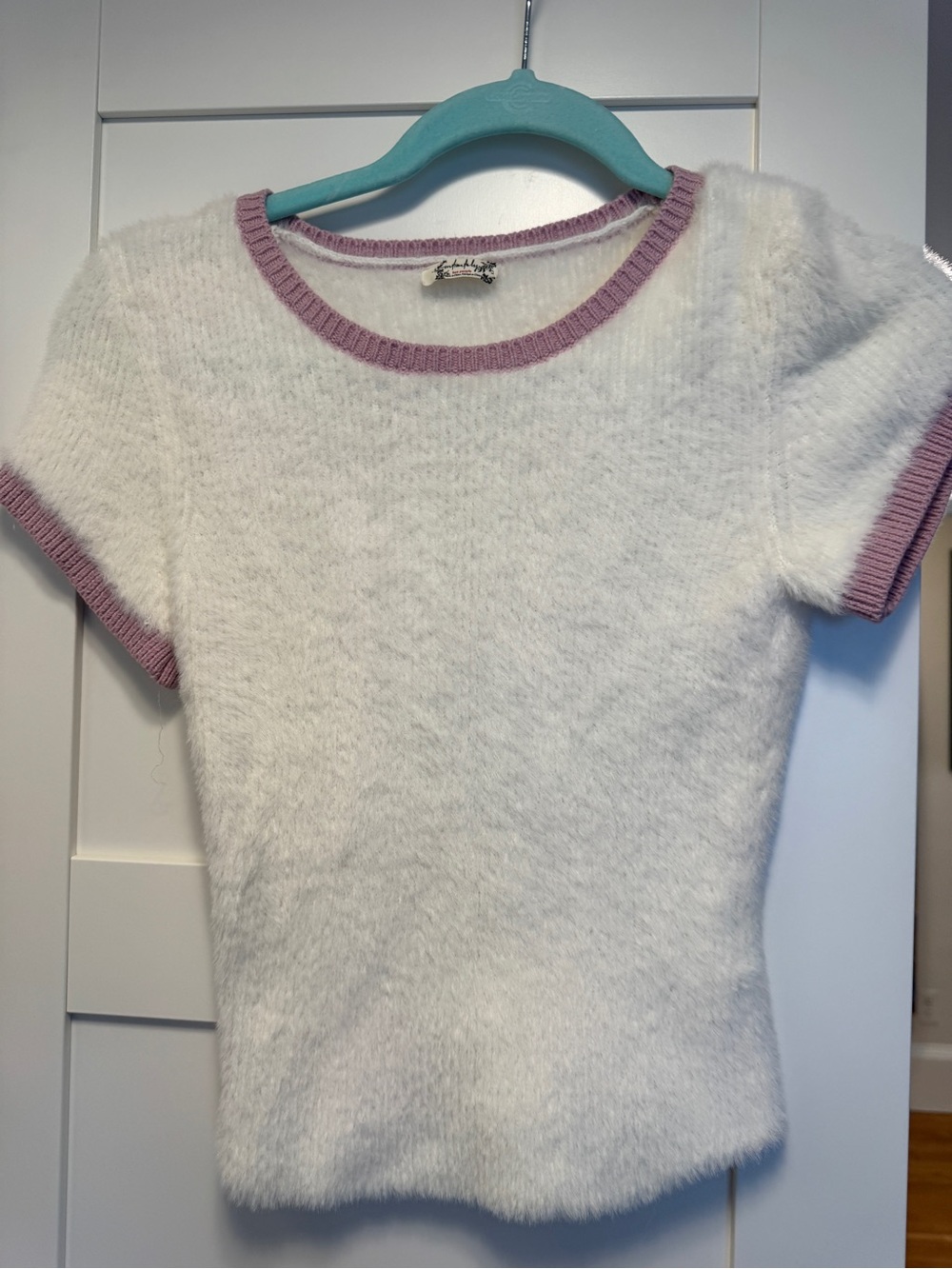 Free People White Fuzzy Short Sleeve Sweater with Pink Trim